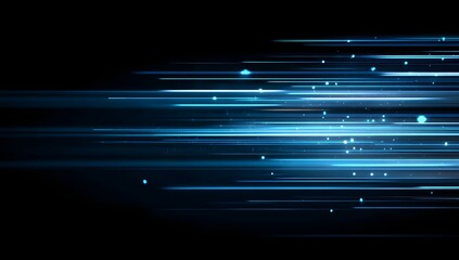 Abstract streaks of blue light and small particles moving rapidly across a dark background isolated on transparent background