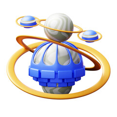 Abstract Futuristic Orrery With Blue Geometric Structure And Swirling Planetary Rings Against A Transparent Background © Erdin