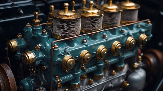 Fototapeta Vintage car engine with brass knobs and intricate details Generative AI