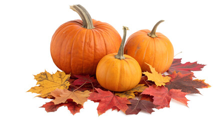 Ripe Pumpkins and Maple Leaves Isolated on Transparent Background