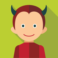 Stylized Cartoon Devil Character With Small Horns Wearing A Red Outfit Against A Vibrant Green Background With A Long Shadow