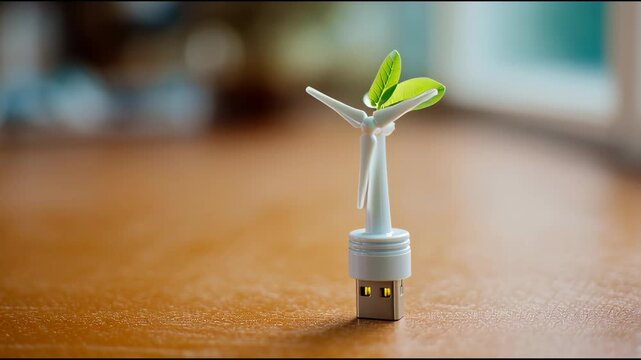 USB wind turbine with green leaf sprout symbolizing renewable energy and eco technology innovation powering devices with sustainable concept and hopeful mood and wind turbine sprouting from USB port