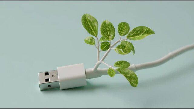 USB plug cable transforming into small green branch with fresh leaves, USB plug with sprouting green leaves symbolizing eco technology and sustainable digital connection, USB plug with slender cable