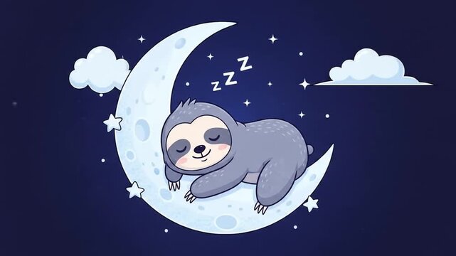 Cartoon sloth sleeping on crescent moon with stars and clouds illustration