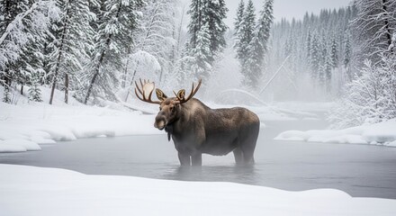 Moose Standing in River During Winter with Snowy Forest Background