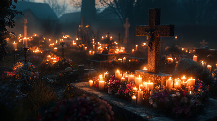 Grave Site Illuminated by Numerous Candles at Dusk
