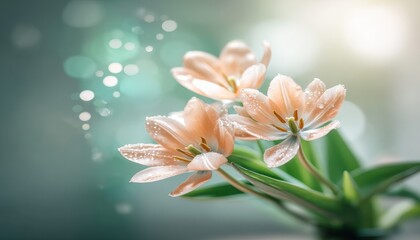 Obraz premium Beautiful peach tulips with morning dew drops and bokeh background.
