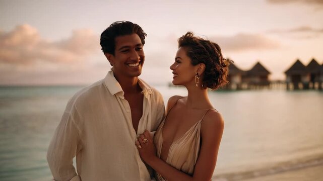 Couple enjoys sunset by the beach with romantic vibe and beautiful scenery