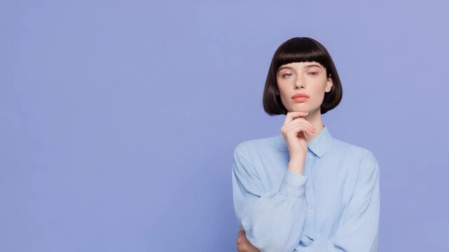 Reflective woman in a blue shirt poses thoughtfully against a solid lavender background