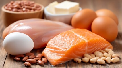 A vibrant collection of high protein foods sits on a wooden surface, showcasing salmon fillets, chicken breast, eggs, beans, and butter, inviting a healthy meal creation