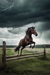 A majestic brown horse gallops across a green pasture under a dramatic, stormy sky, with a powerful lightning bolt illuminating the background