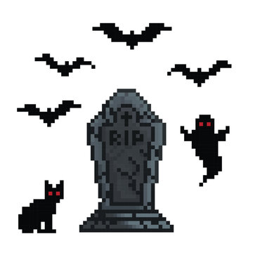Pixel art spooky graveyard with bats, ghost, and black cat Halloween dark fantasy scene