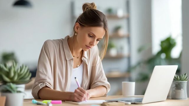 Woman writing notes in modern office with laptop and plants around her