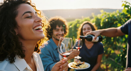 Woman with dark curly hair laughing, holding a glass of red wine at an outdoor vineyard party. Friends enjoying a wine tasting event during sunset.