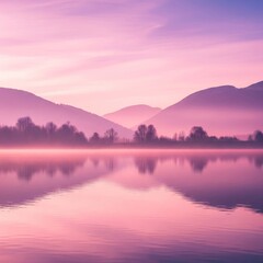 Fototapeta premium Pastel Lake Reflection with Misty Mountains and Soft Pink Hues