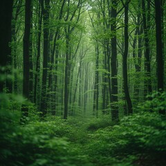 Obraz premium Lush Green Forest Path with Sunlight and Tall Trees