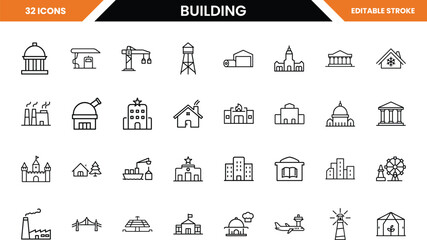 Collection of 32 building and structure outline icons on white background architecture house