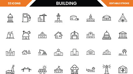 Collection of 32 building and structure icons in black outline vector