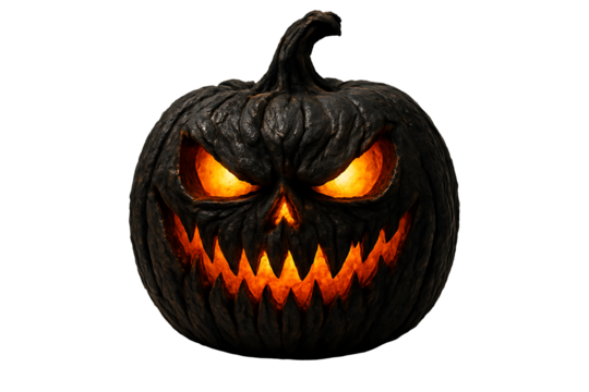 Terrifying black jack-o'-lantern with deep glowing evil orange eyes and sharp teeth a spooky and menacing decoration for halloween isolated on transparent background