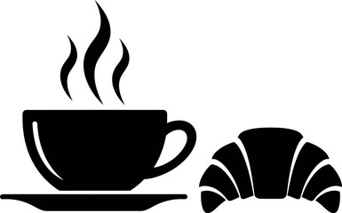  Hot coffee cup with steam and croissant