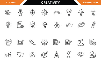 Collection of 32 black line art icons representing creativity and ideas light bulb brain