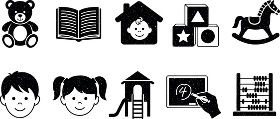  Collection of black and white icons representing childhood, education, and play
