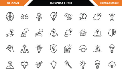 Collection of 32 outline icons representing ideas and inspiration light bulb brain