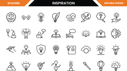 Collection of 32 black line art icons representing ideas and inspiration light bulb brain