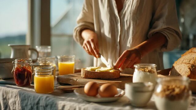 Preparing a simple breakfast with fresh ingredients and homemade bread in a cozy kitchen