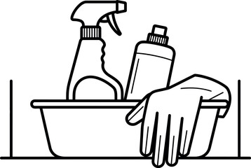  Line drawing of cleaning supplies including spray bottle, bottle, and glove in a basin