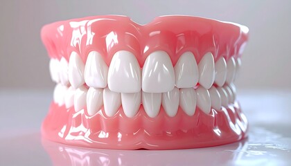 Obraz premium A close-up studio shot showcases a set of dentures. They are pink, contrasting sharply with the bright white, perfect teeth they contain