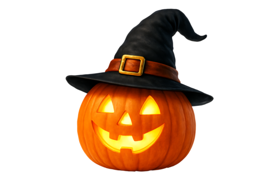 Glowing carved orange pumpkin wearing a pointed black witch's hat with a buckle a cheerful and fun decoration for a festive halloween party isolated on transparent background