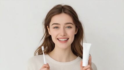 Smiling woman holds toothbrush and toothpaste showing importance of dental care in bright indoor setting
