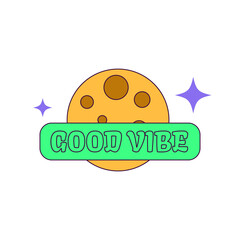 Circular Orange Moon Graphic With Purple Sparkles And Green Text Box That Says Good Vibes Sticker On Transparent Background