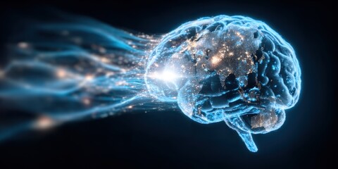 worldwide data rivers flowing into a luminous human brain, symbolizing touching intelligence and the evolution of global learning