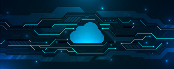 Futuristic cloud computing background with glowing blue digital circuit lines and cloud icon symbolizing data storage, innovation, and artificial intelligence network systems.