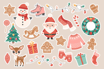 Christmas holiday elements collection. Cute winter holiday stickers. Santa snowman candies christmas tree garland reindeer gingerbreads skates. 