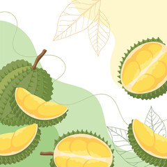 Exotic durian fruit composition, cut and whole fruits. Abstract tropical fruit background.