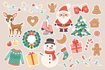 Christmas holiday elements collection. Cute winter holiday stickers. Santa snowman candies christmas tree garland reindeer gingerbreads skates. 