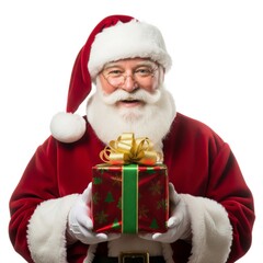 Smiling Santa Claus Holding Red Gift Box with Golden Bow on Isolated White Background