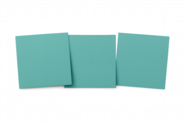 Three blank teal sticky notes ideal for writing reminders, messages, or important information, having a transparent background
