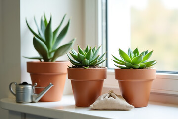 Fototapeta premium Potted succulent plants arranged on windowsill with watering can 