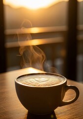 Coffee Cup Steaming at Sunset with Soft Warm Lighting and Wooden