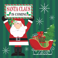 Christmas card with santa, sleigh and gifts