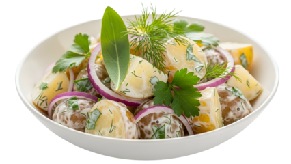 Fresh Potato Salad with Herbs and Vegetables in White Bowl