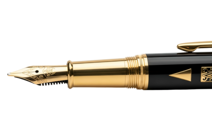 Elegant Black and Gold Fountain Pen with Gold Nib on Transparent Background