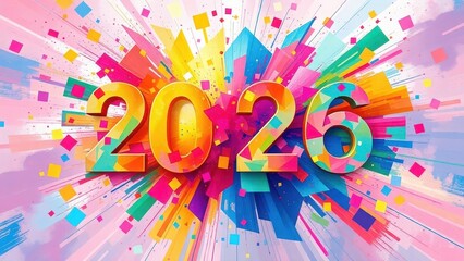 A vibrant and dynamic illustration representing the year 2026 with an explosion of colors and shapes.