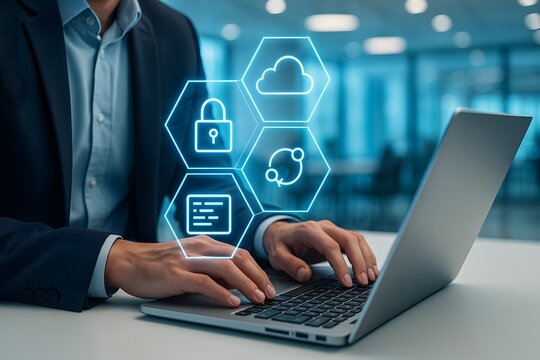 Cloud security and collaboration hex icons