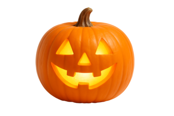 Classic bright orange carved jack-o'-lantern with simple triangular eyes and a wide happy glowing smile a friendly decoration for a fun halloween isolated on transparent background
