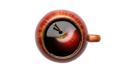Red Apple Coffee Mug Filled with Black Coffee and Reflection of Apple Surface